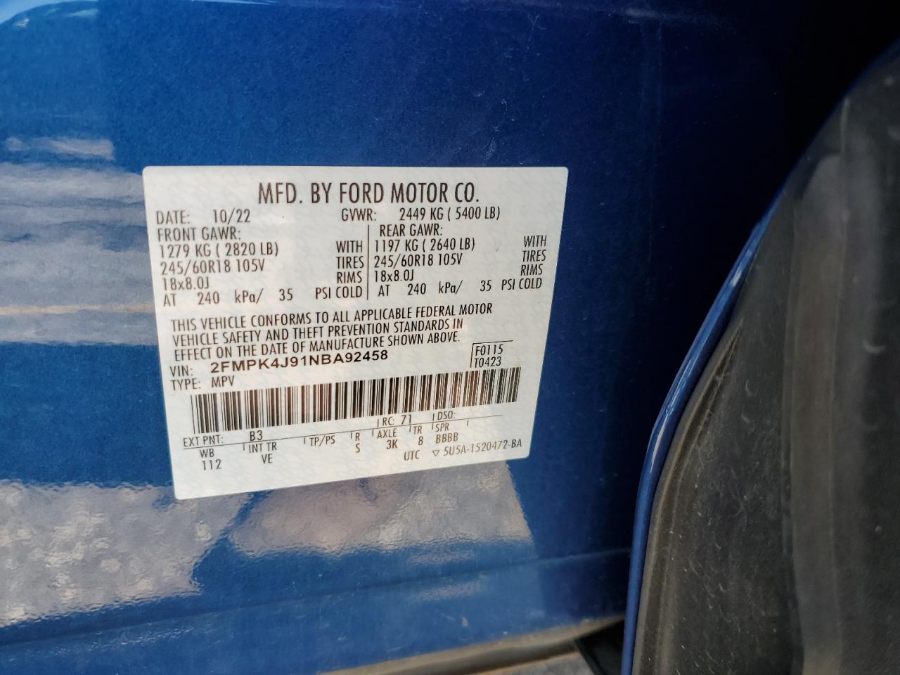 2FMPK4J91NBA92458 FORD EDGE 2022