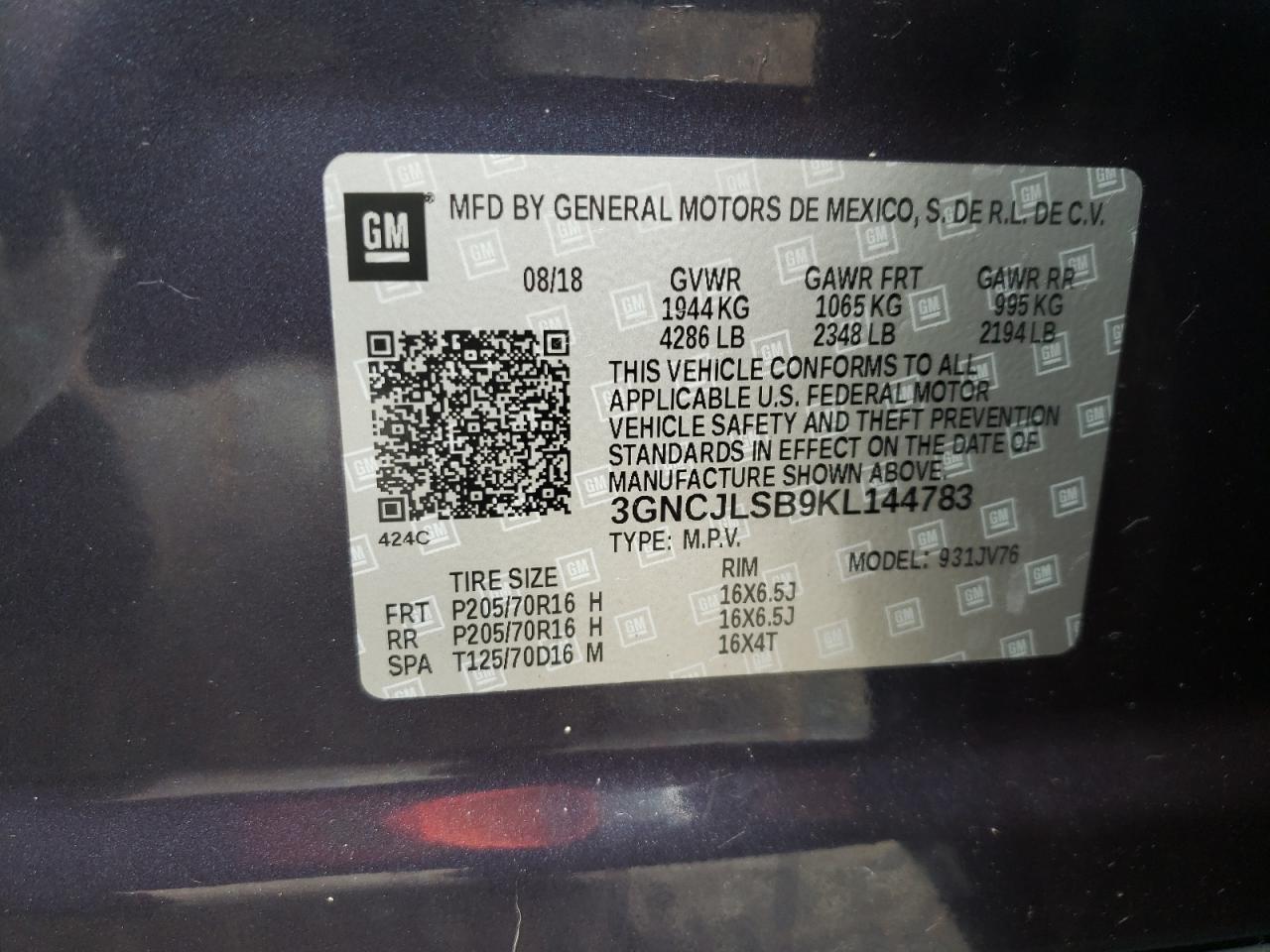3GNCJLSB9KL144783 CHEVROLET TRAX 2019
