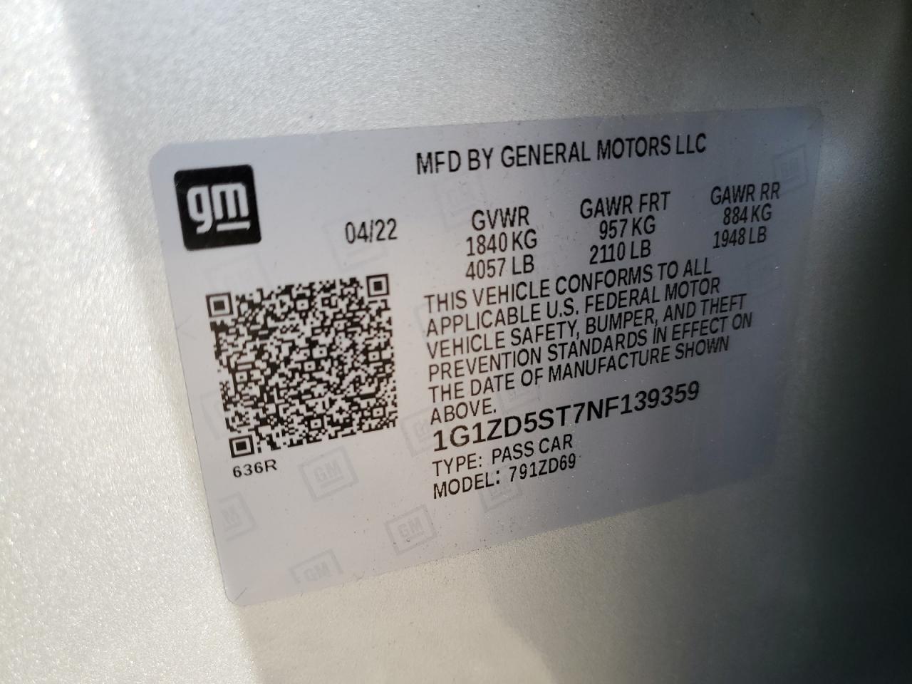1G1ZD5ST7NF139359 CHEVROLET MALIBU 2022
