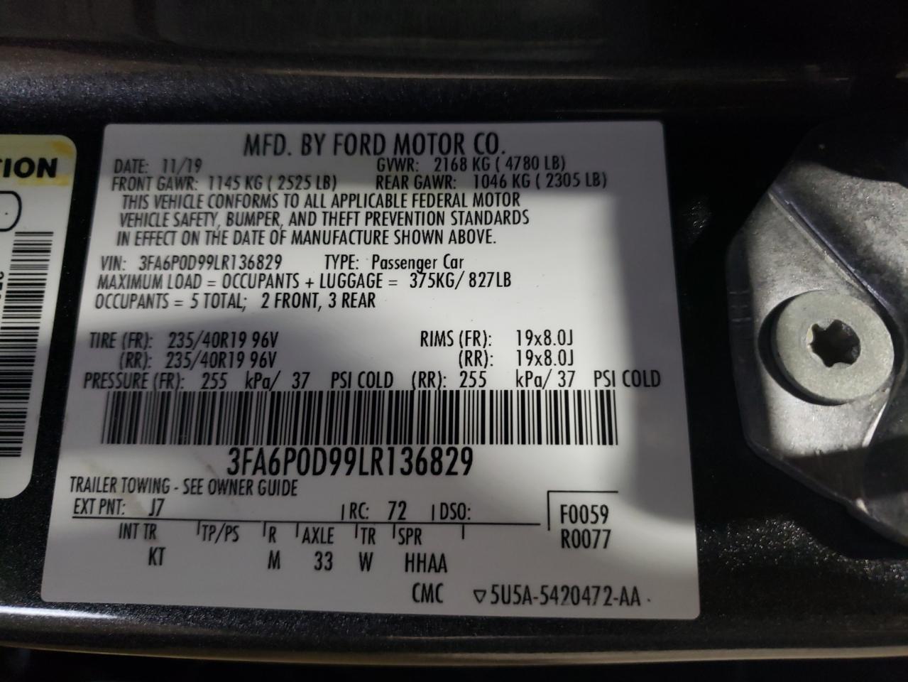 3FA6P0D99LR136829 FORD FUSION 2020