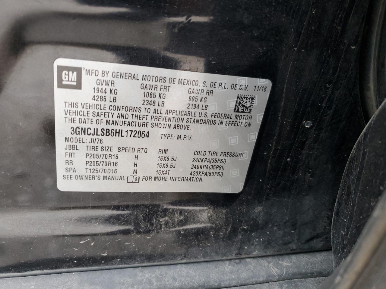 3GNCJLSB6HL172064 CHEVROLET TRAX 2017