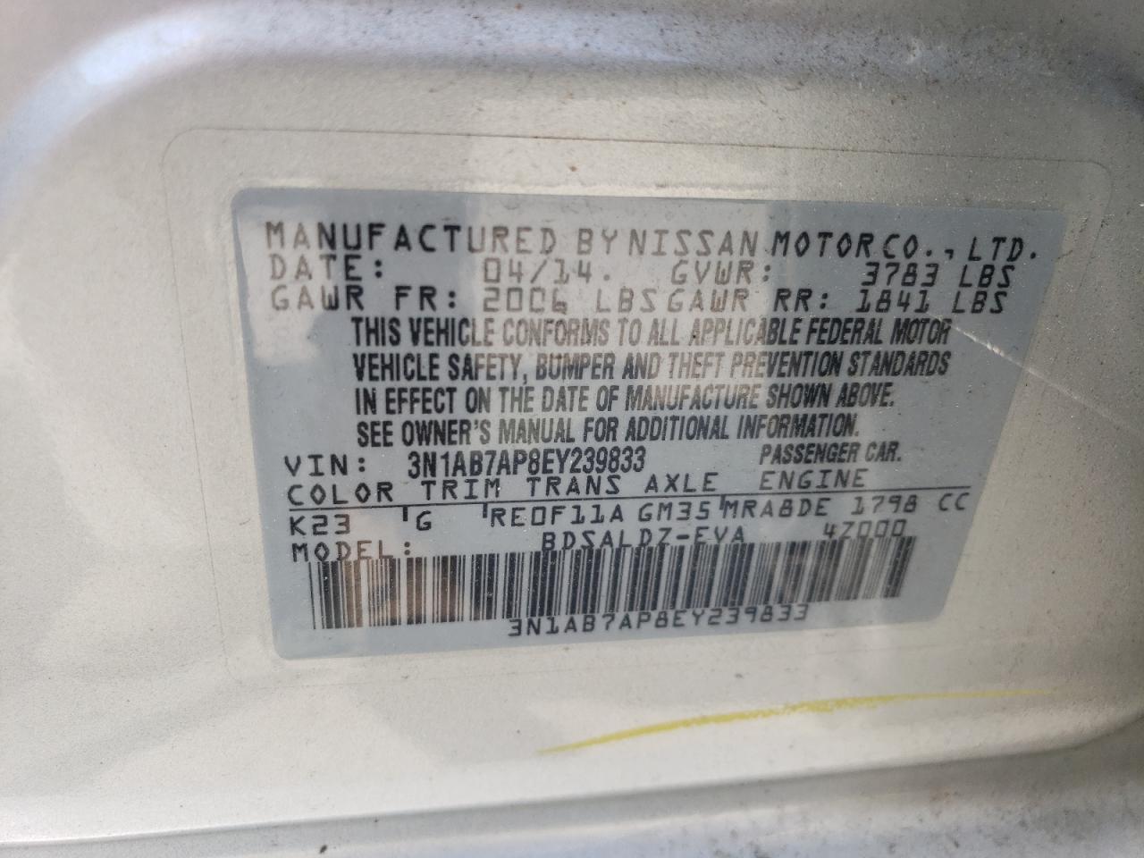 3N1AB7AP8EY239833 2014 Nissan Sentra S