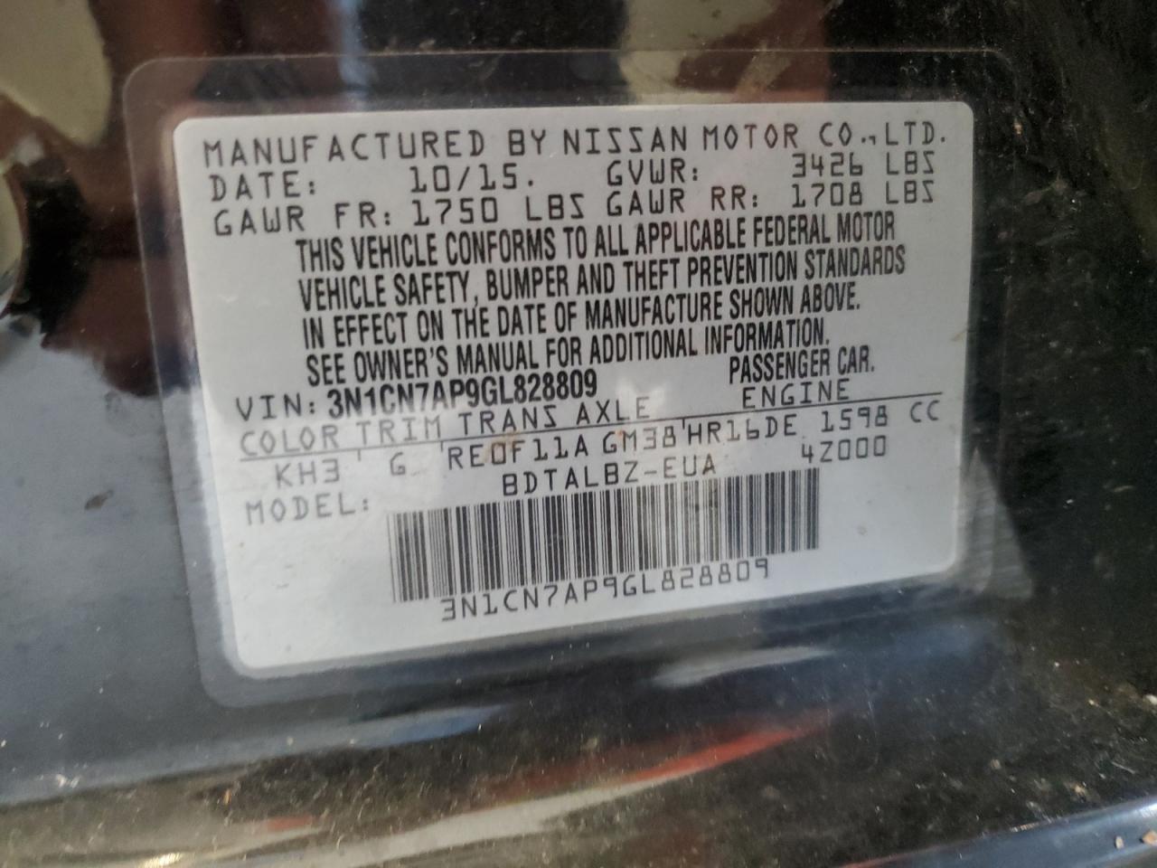 3N1CN7AP9GL828809 NISSAN VERSA 2016