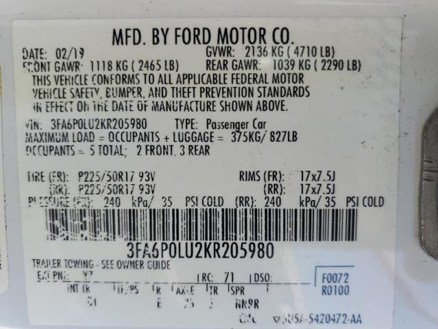 3FA6P0LU2KR205980 2019 FORD FUSION, photo no. 12