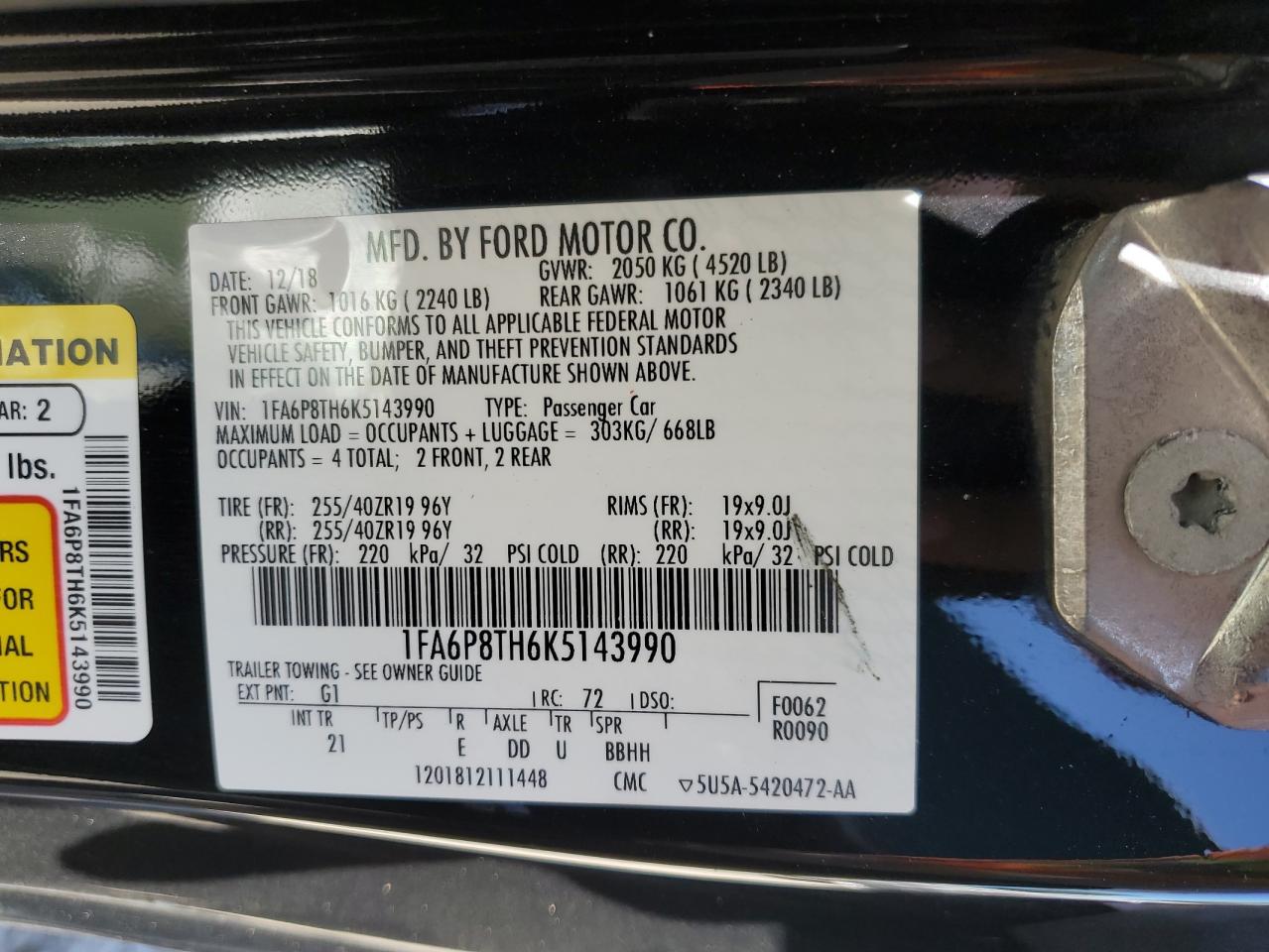 1FA6P8TH6K5143990 FORD ALL Models 2019