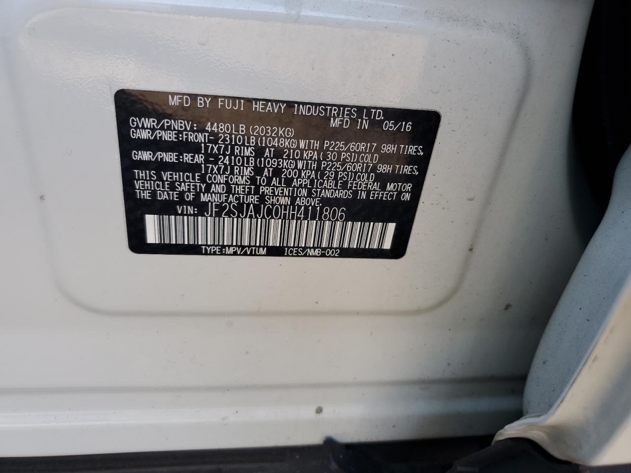 JF2SJAJC0HH411806 SUBARU FORESTER 2017