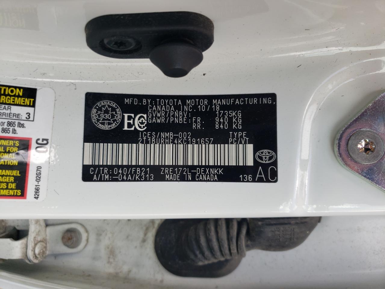 2T1BURHE4KC191657 TOYOTA COROLLA 2019