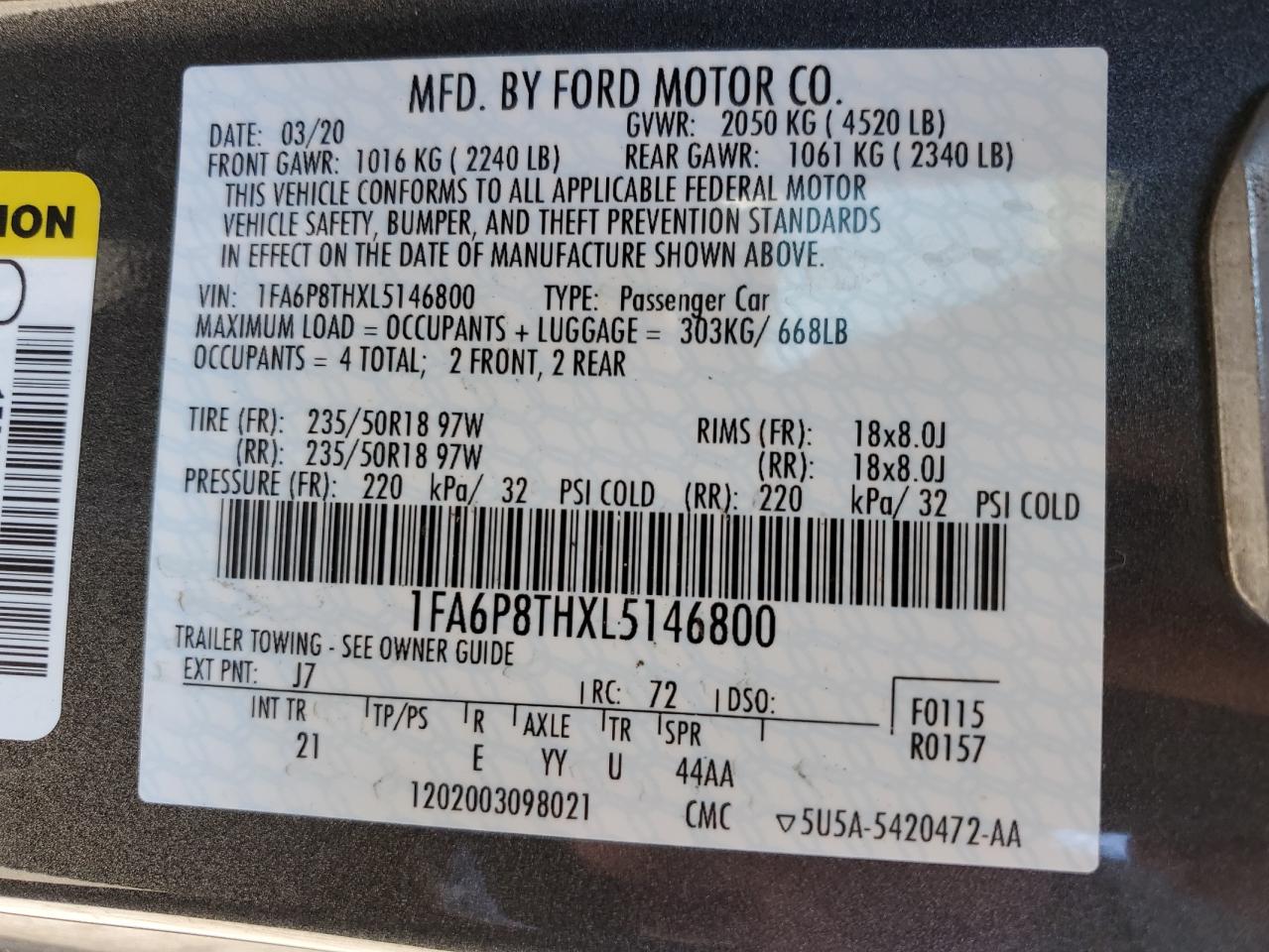 1FA6P8THXL5146800 FORD ALL Models 2020