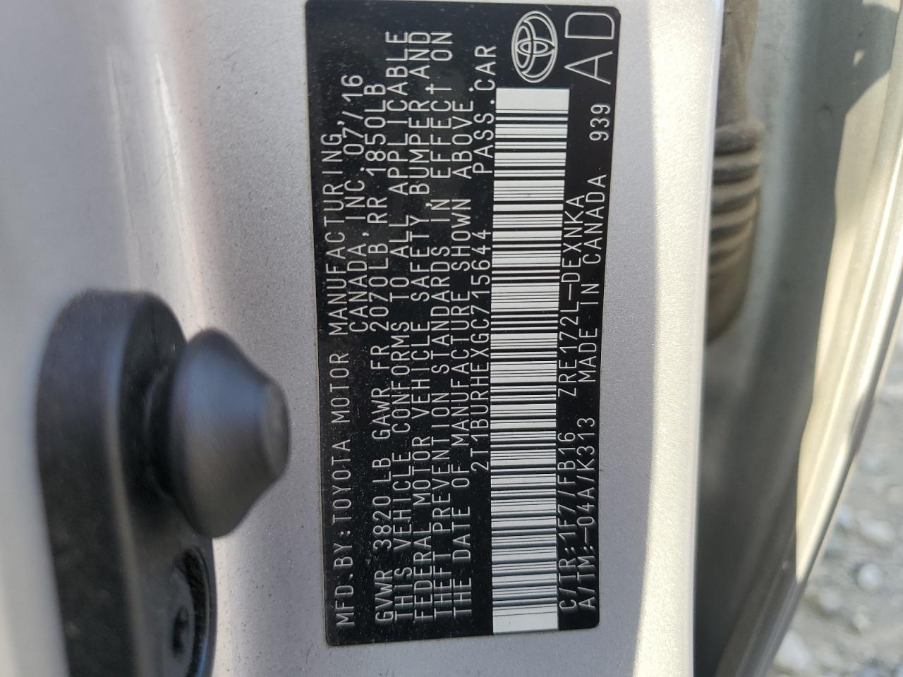 2T1BURHEXGC715644 TOYOTA COROLLA 2016