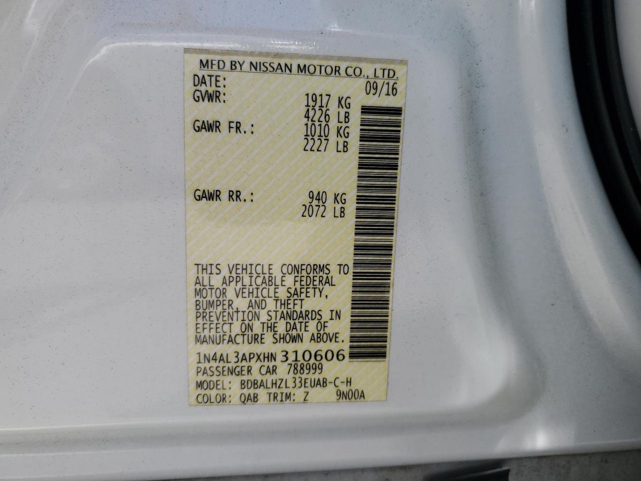 1N4AL3APXHN310606 NISSAN ALTIMA 2017