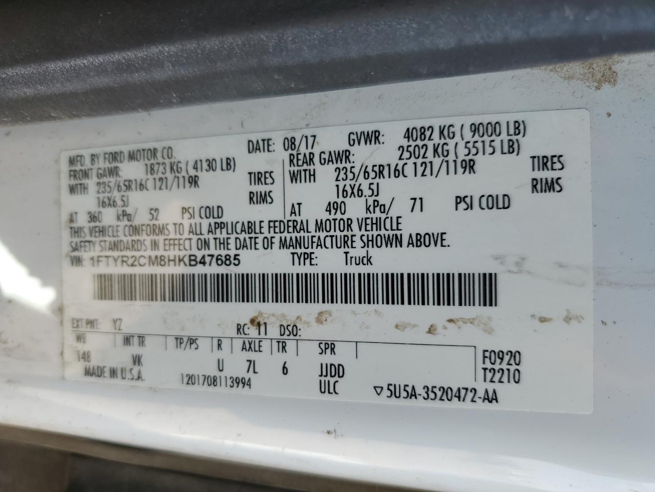 1FTYR2CM8HKB47685 FORD TRANSIT 2017