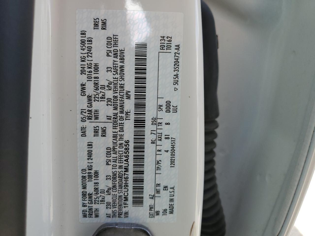 1FMCU9H67MUA65856 FORD ESCAPE 2021