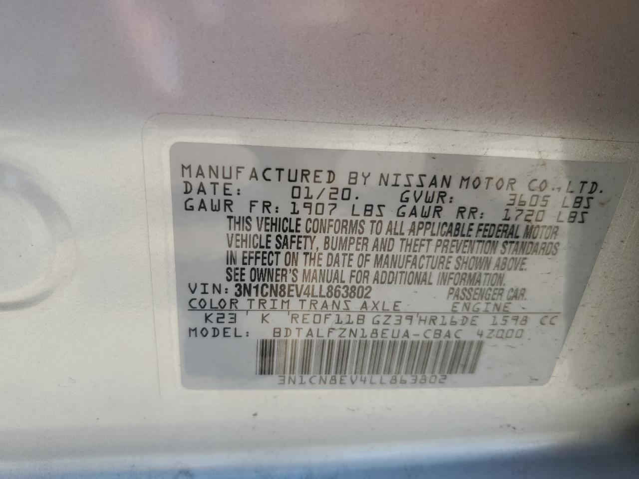 3N1CN8EV4LL863802 NISSAN VERSA 2020