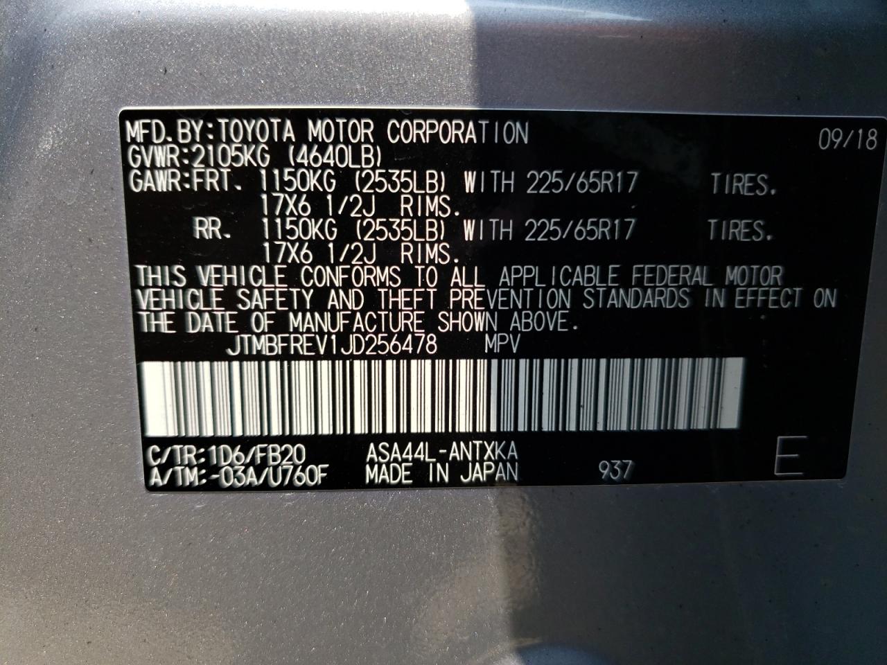 JTMBFREV1JD256478 TOYOTA RAV4 2018