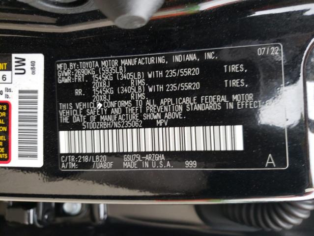 VIN 5TDDZRBH7NS235062 2022 Toyota Highlander, Limited no.13