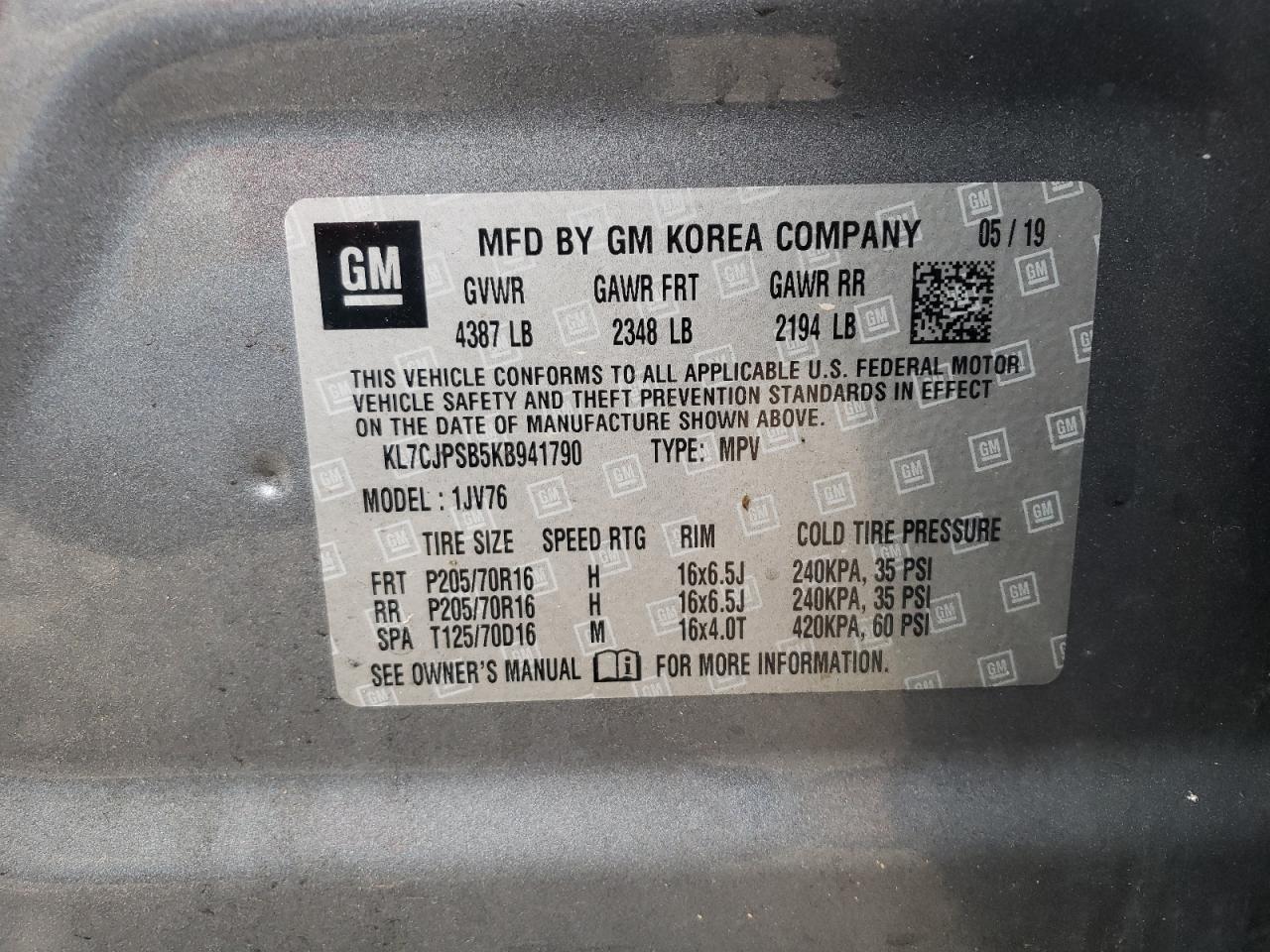 KL7CJPSB5KB941790 CHEVROLET TRAX 2019