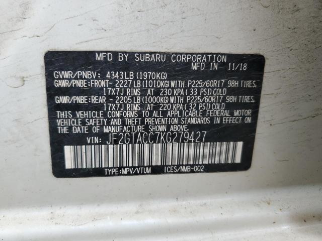 VIN: JF2GTACC7KG279427 Auction: COPART Lot: 59827353 Location: CO - COLORADO SPRINGS JF2GTACC7KG279427 SUBARU CROSSTREK 2019 WHITE Photo 12
