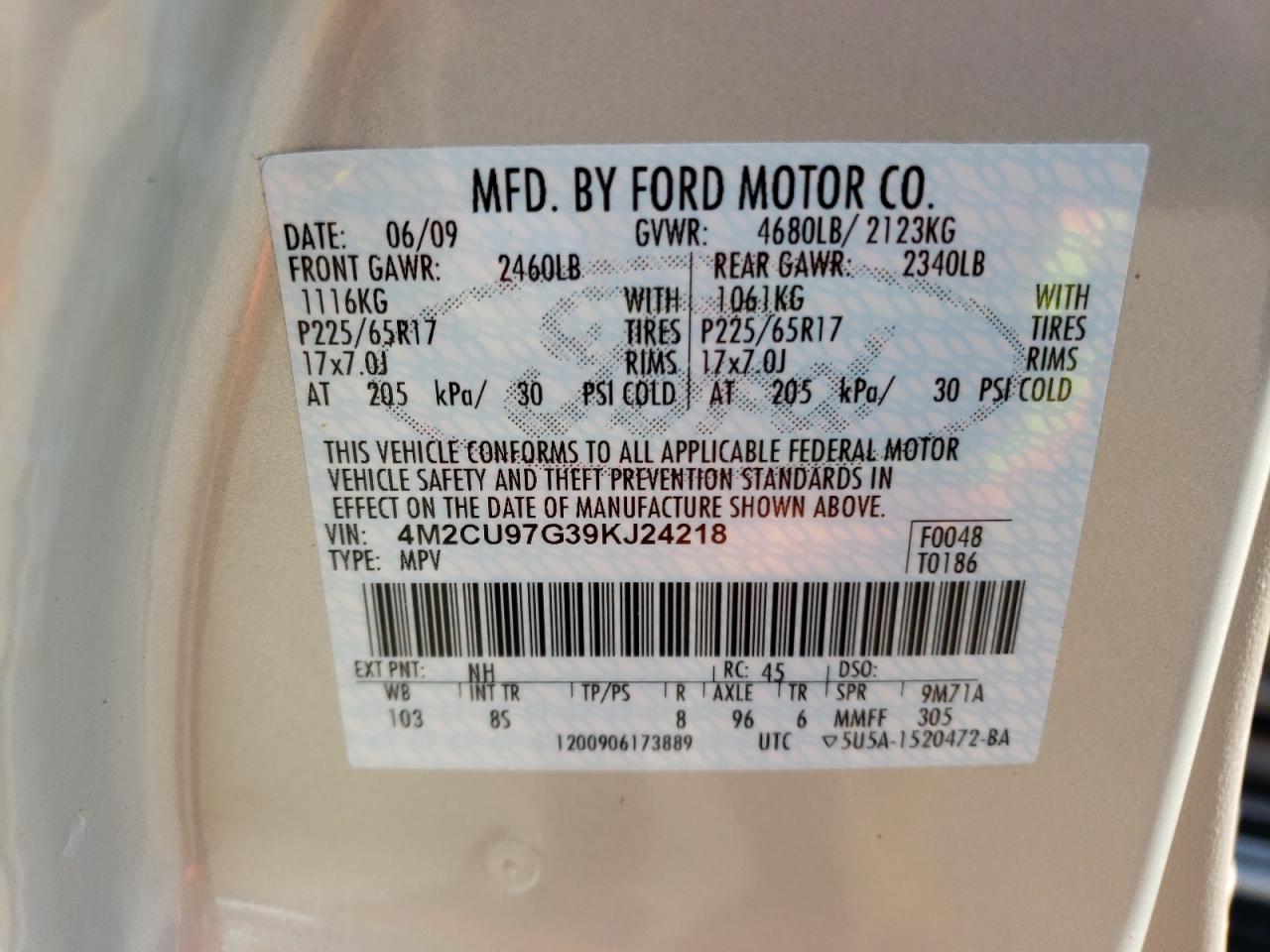 4M2CU97G39KJ24218 2009 Mercury Mariner Premier