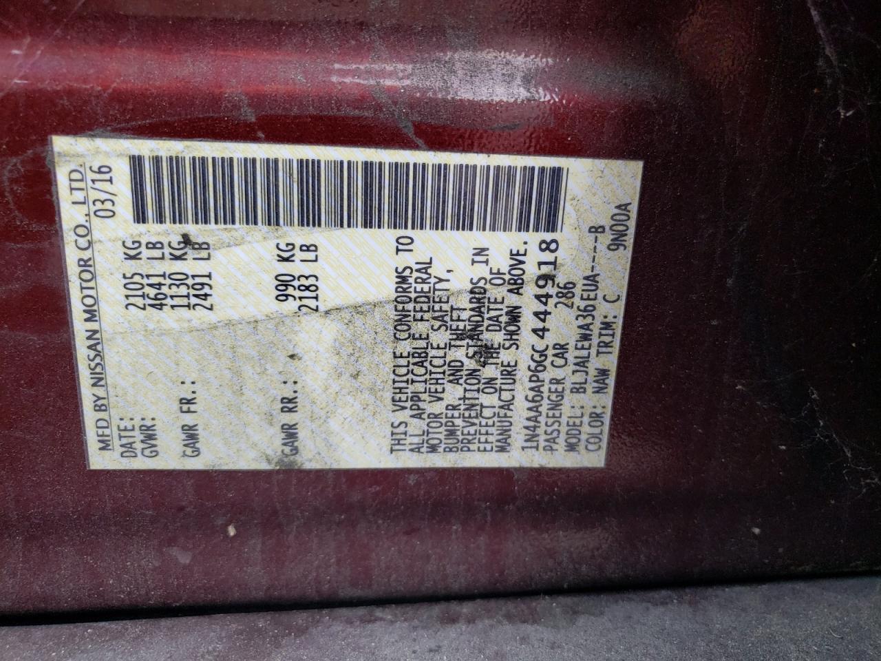 1N4AA6AP6GC444918 NISSAN MAXIMA 2016