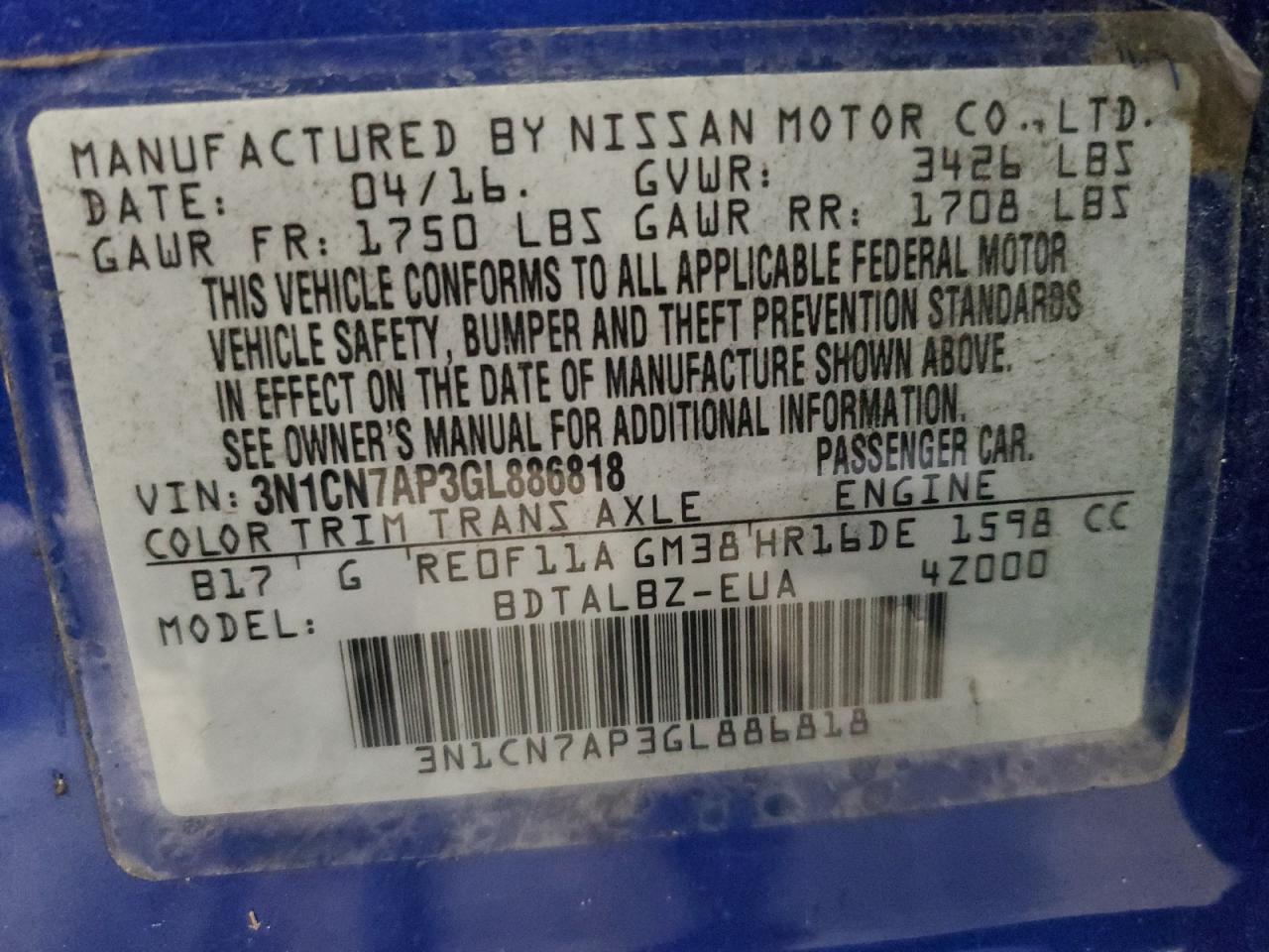 3N1CN7AP3GL886818 NISSAN VERSA 2016