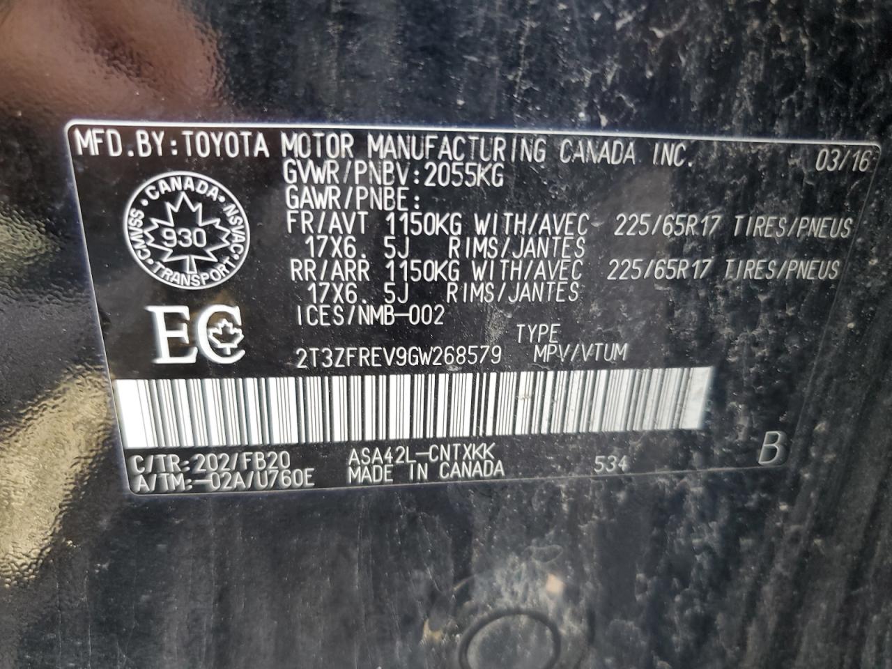 2T3ZFREV9GW268579 TOYOTA RAV4 2016