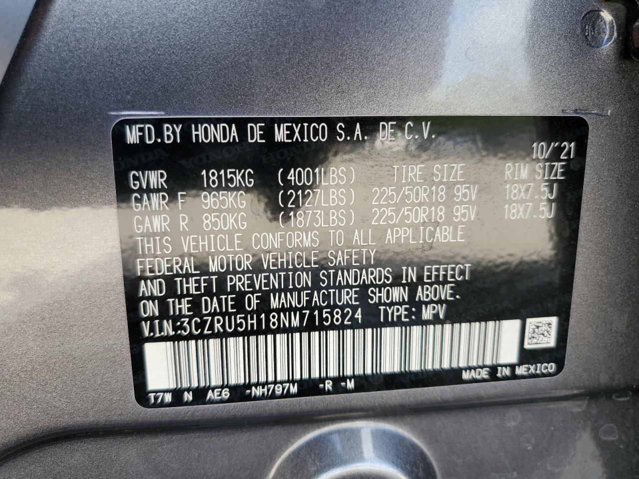 3CZRU5H18NM715824 HONDA HR-V 2022