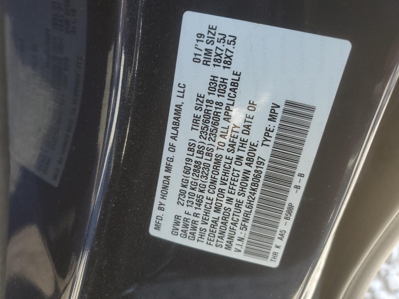 5FNRL6H24KB068197 HONDA All Models 2019