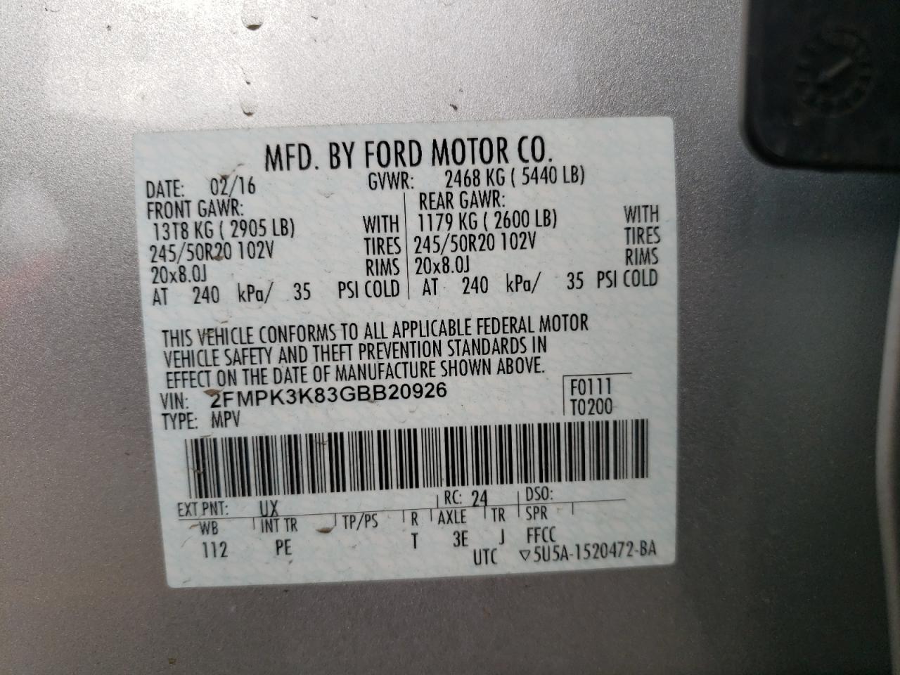 2FMPK3K83GBB20926 FORD EDGE 2016