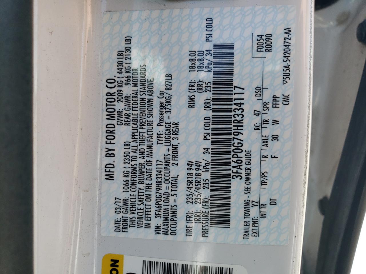 3FA6P0G79HR334117 FORD FUSION 2017