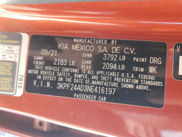 3KPF24AD3NE416197 KIA FORTE FE