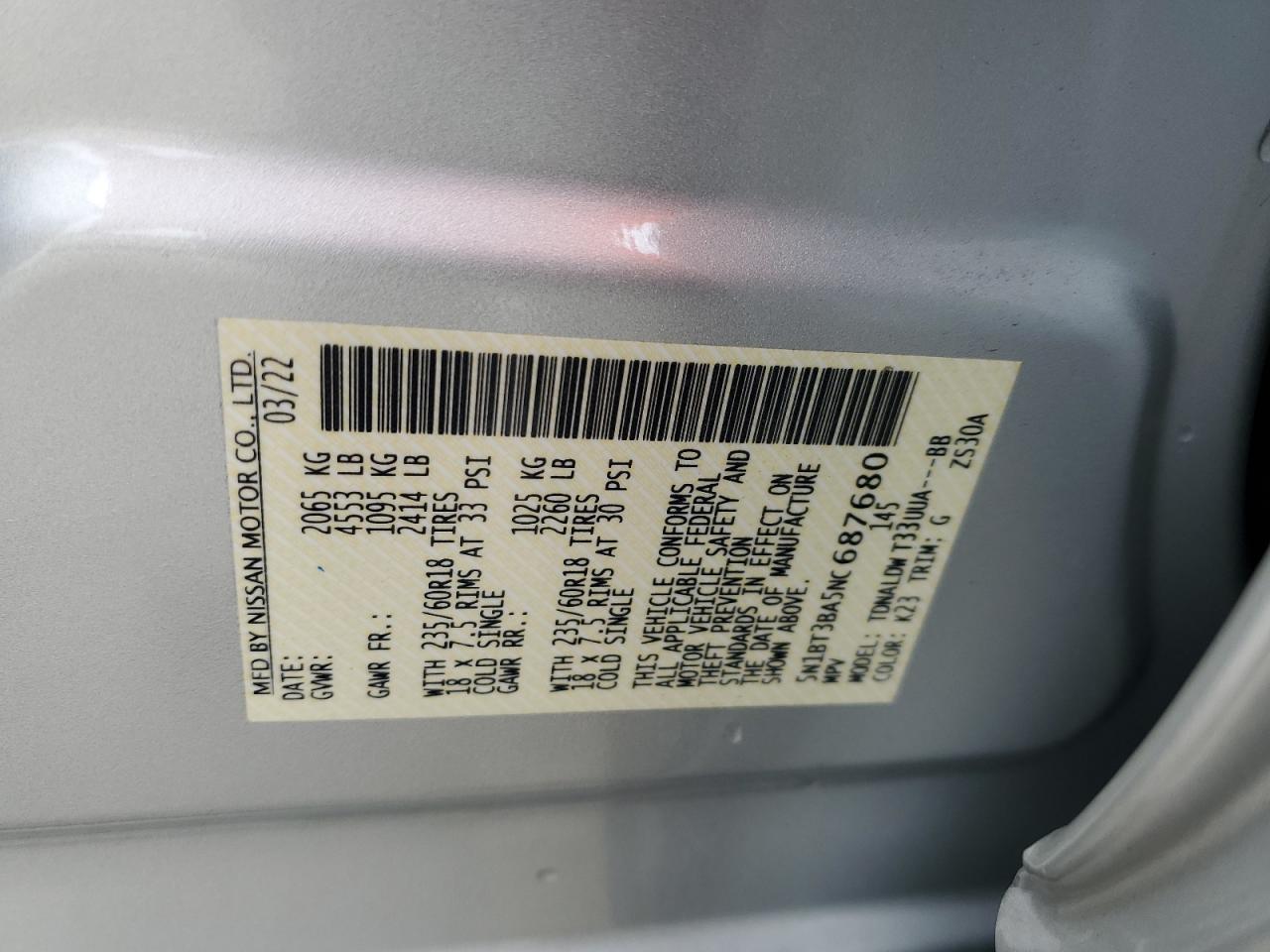5N1BT3BA5NC687680 NISSAN ROGUE 2022