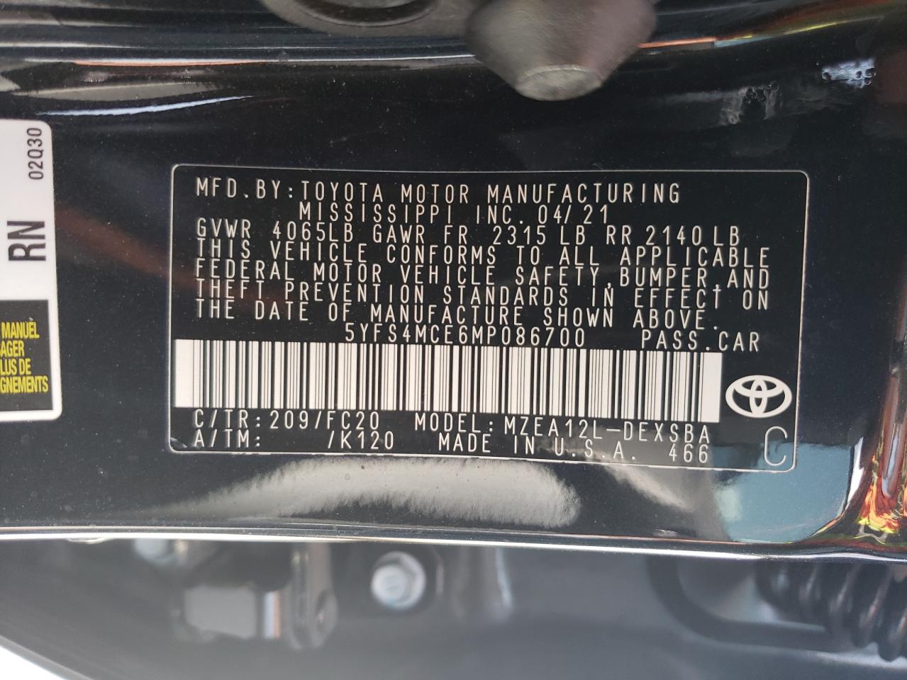 5YFS4MCE6MP086700 TOYOTA COROLLA 2021