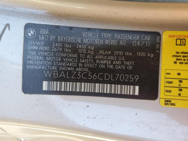 VIN: WBALZ3C56CDL70259 Auction: COPART Lot: 60155333 Location: CA - SACRAMENTO WBALZ3C56CDL70259 BMW 6 SERIES 2012 TAN Photo 12
