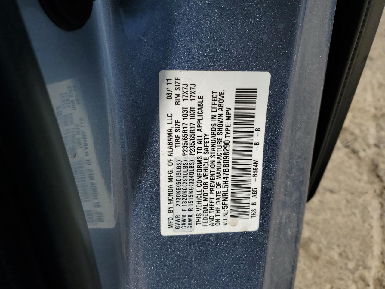 5FNRL5H47BB098290 2011 Honda Odyssey Ex