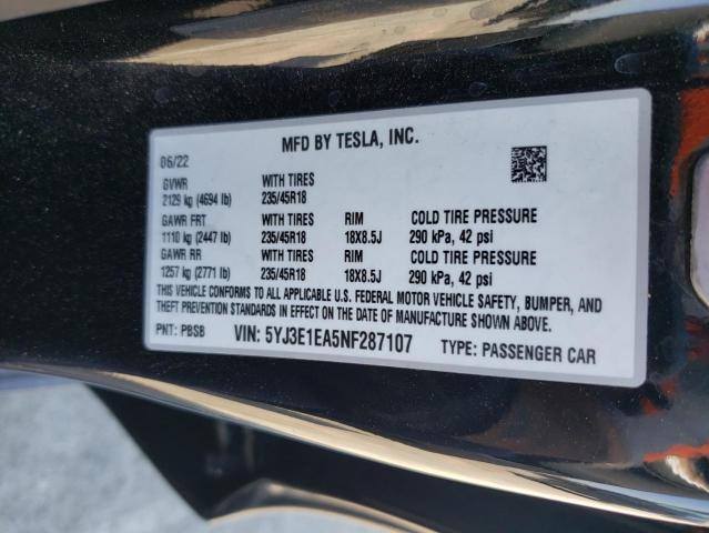 5YJ3E1EA5NF287107 Tesla MODEL 3