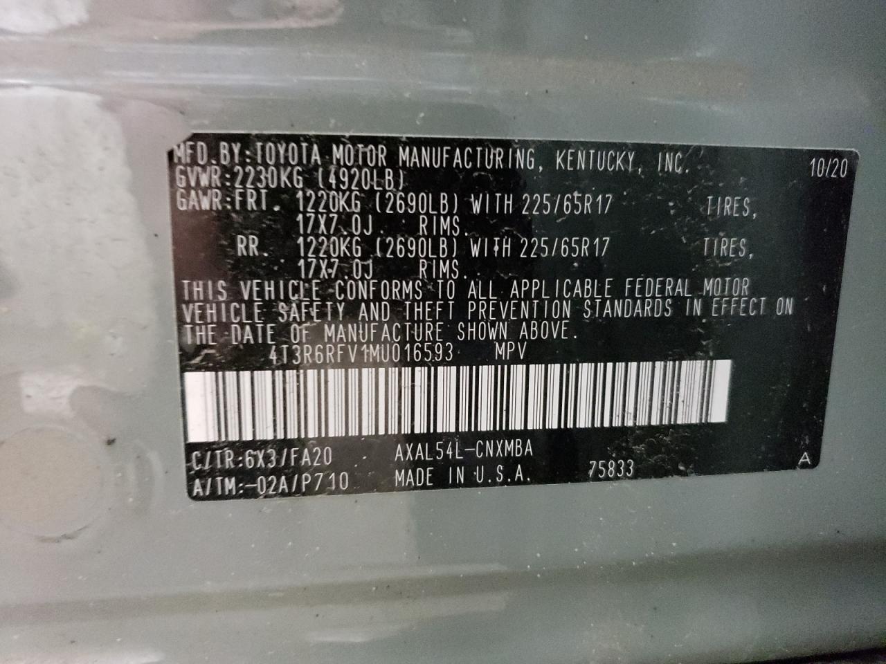 4T3R6RFV1MU016593 TOYOTA RAV4 2021