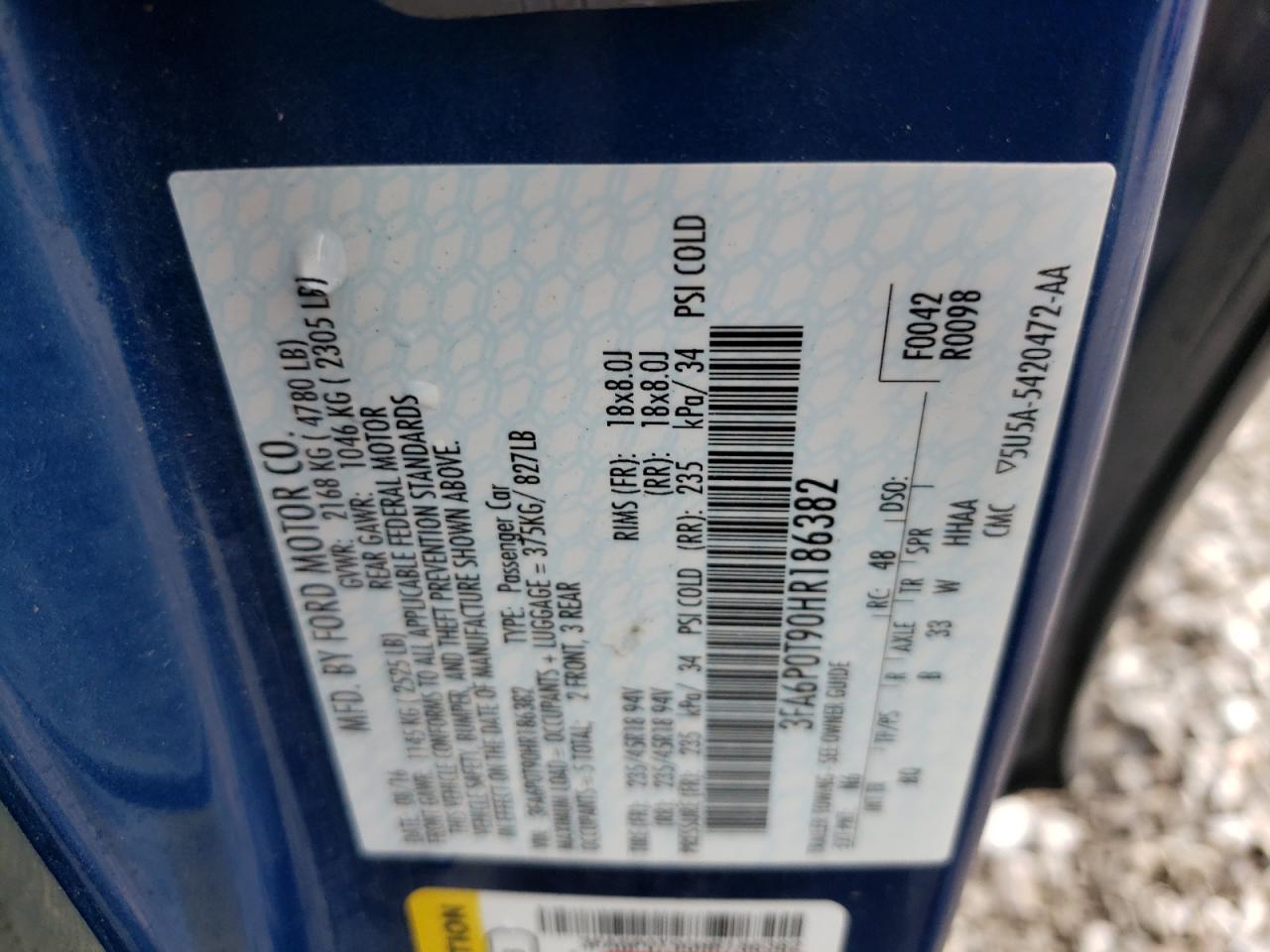 3FA6P0T90HR186382 FORD FUSION 2017