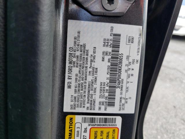 3FA6P0HD0KR280055 2019 FORD FUSION, photo no. 12