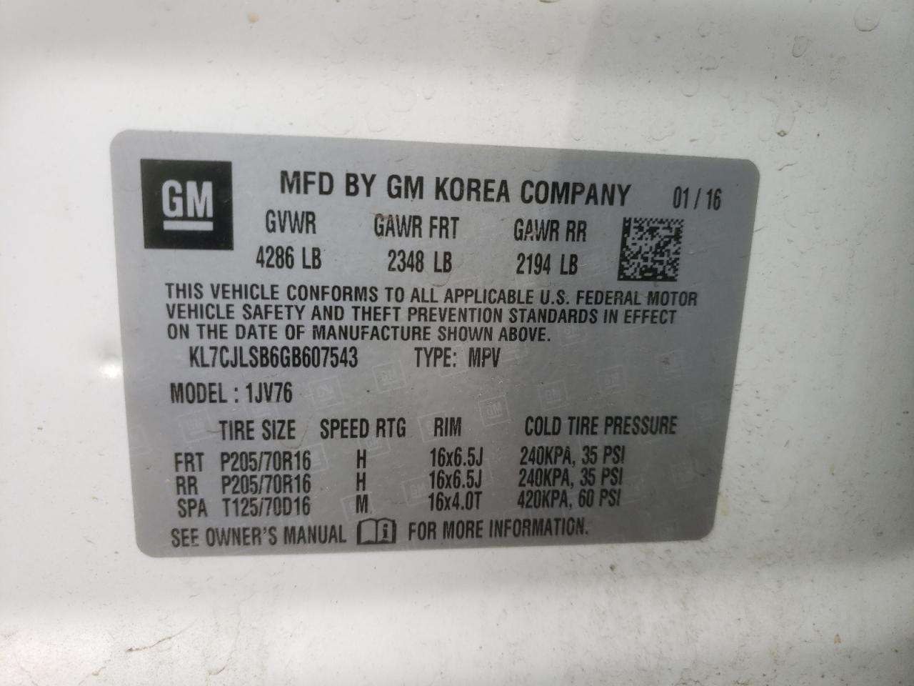 KL7CJLSB6GB607543 CHEVROLET TRAX 2016