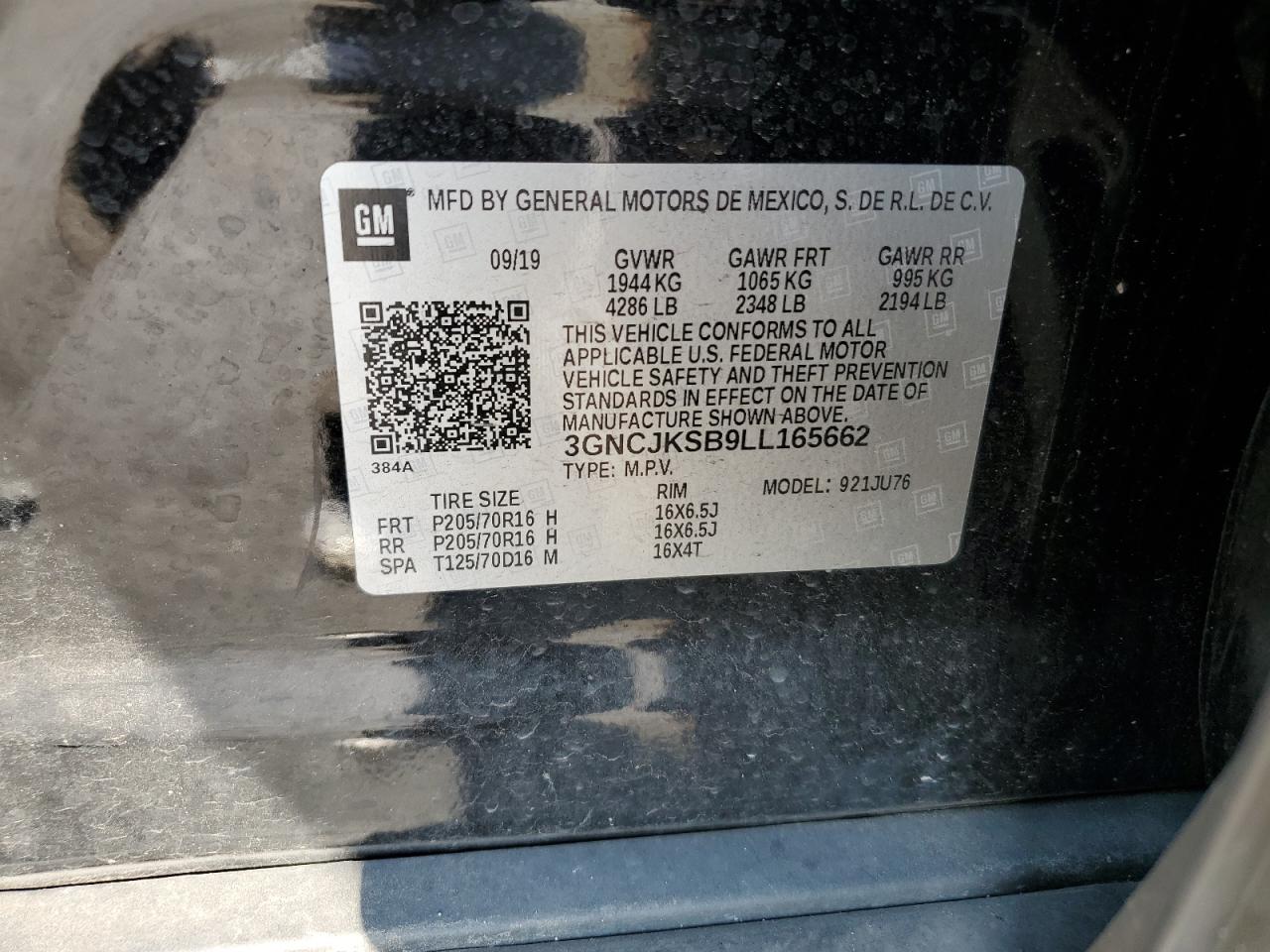 3GNCJKSB9LL165662 CHEVROLET TRAX 2020