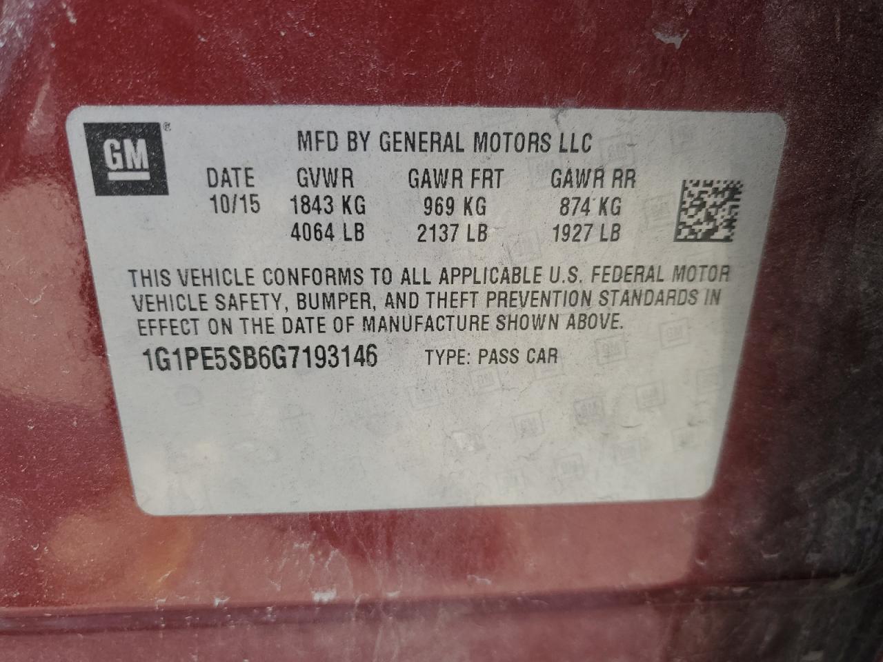 1G1PE5SB6G7193146 CHEVROLET CRUZE 2016