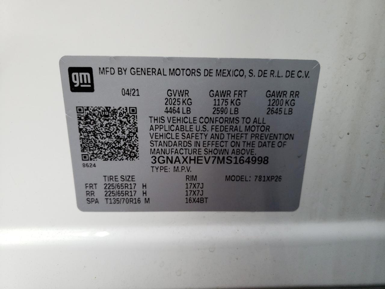 3GNAXHEV7MS164998 2021 Chevrolet Equinox Ls