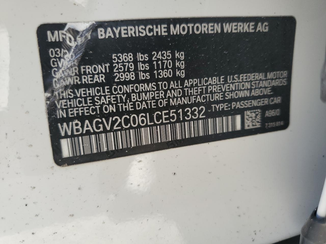 WBAGV2C06LCE51332 2020 BMW 840I