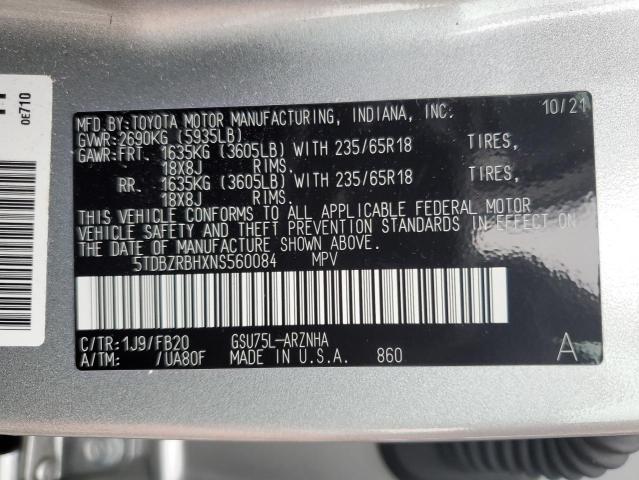 VIN 5TDBZRBHXNS560084 2022 Toyota Highlander, L no.13