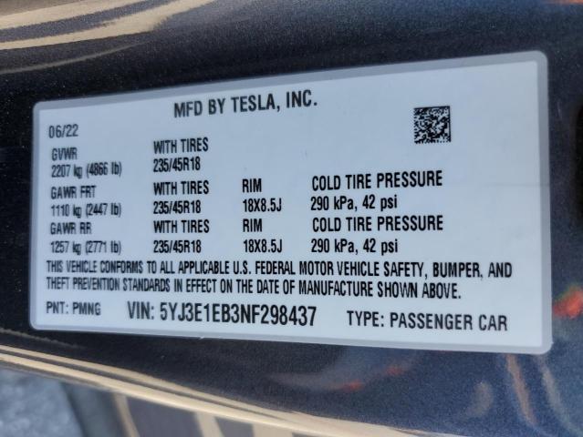 5YJ3E1EB3NF298437 Tesla Model 3  12