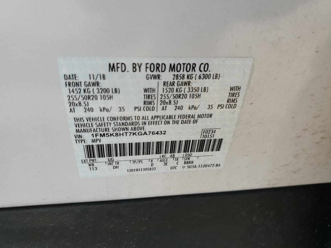 1FM5K8HT7KGA76432 FORD EXPLORER 2019
