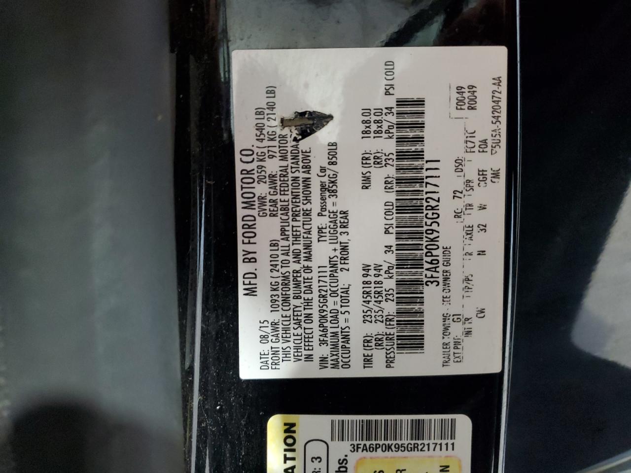 3FA6P0K95GR217111 FORD FUSION 2016