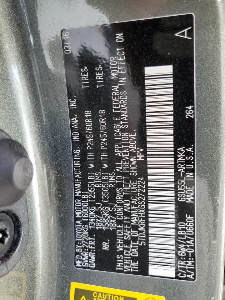 5TDJKRFHXGS272224 TOYOTA HIGHLANDER 2016