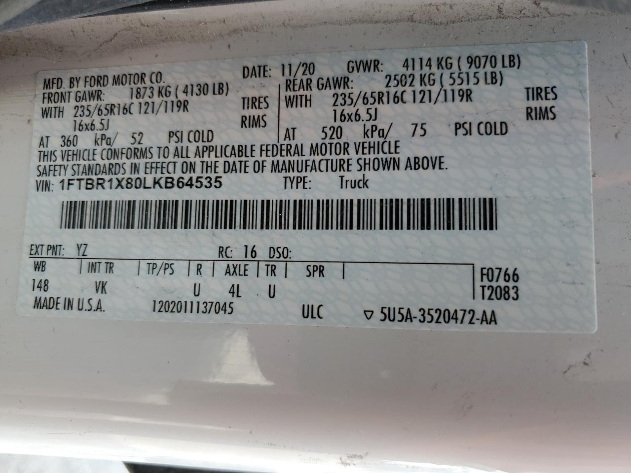 1FTBR1X80LKB64535 FORD TRANSIT 2020