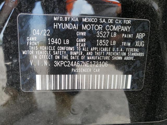 2022 Hyundai Accent Se VIN: 3KPC24A67NE172106 Lot: 60819233